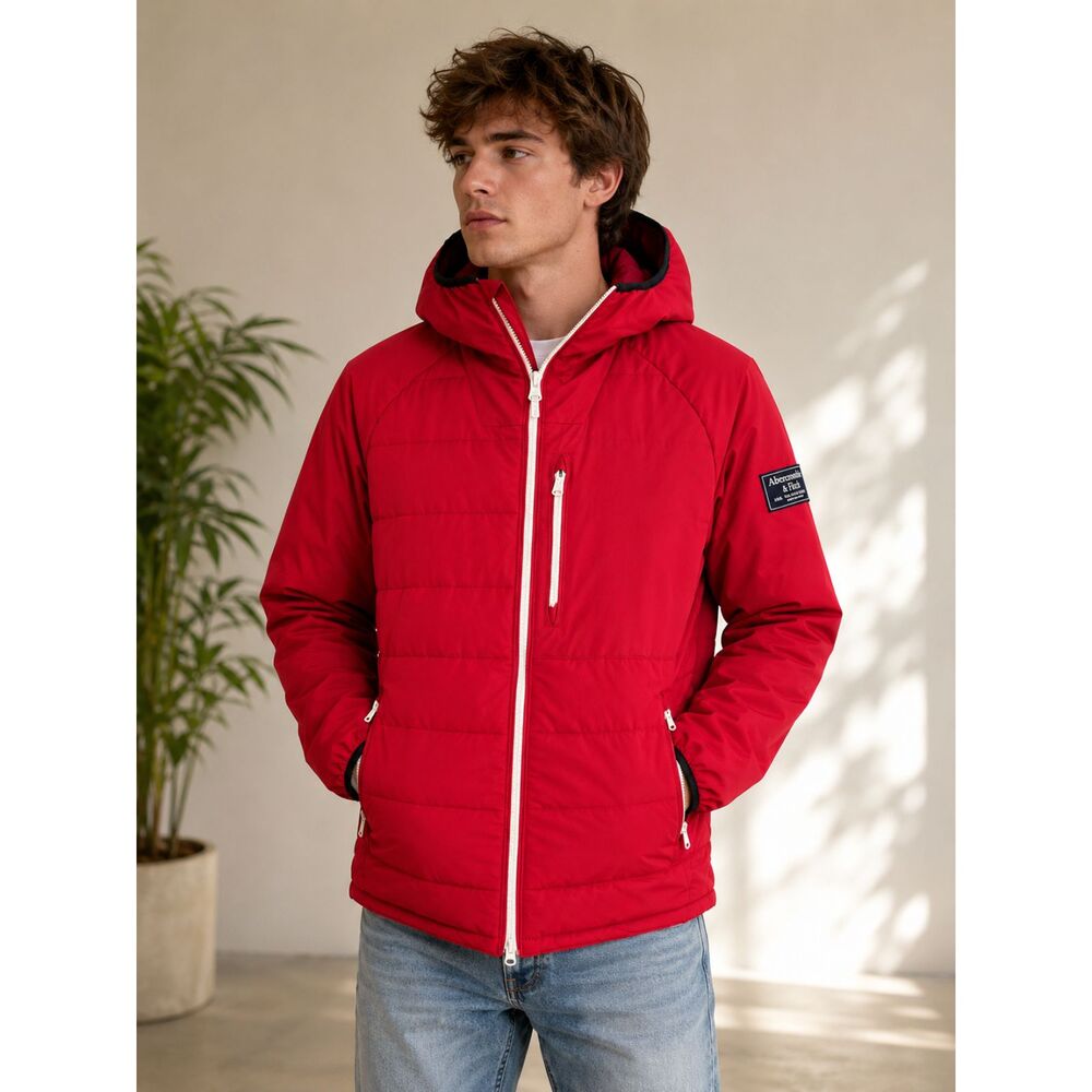 Abercrombie & Fitch Primaloft Y2K Red Puffer Jacket Hooded Full Zip Outdoor